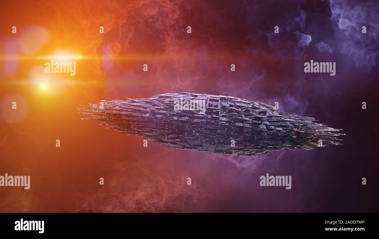 UFO, außerirdisches Raumschiff im Weltall, fliegende Untertasse mit Sternen der Milchstraße Stockfoto