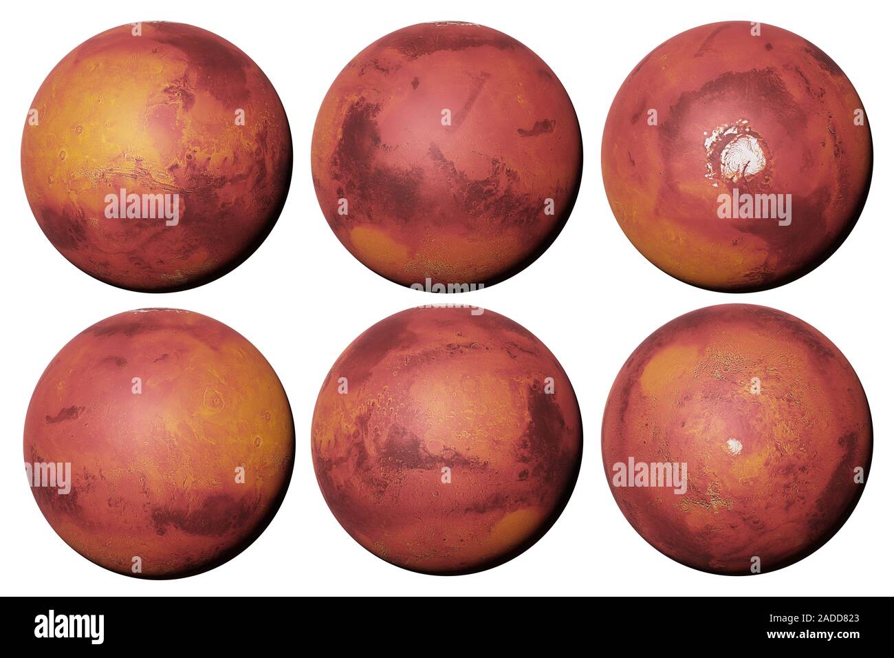 Mars, der Rote Planet von allen Seiten auf weißem Hintergrund Stockfoto