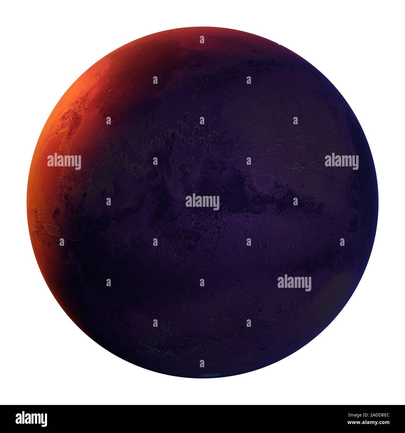 Planet Mars isoliert auf weißem Hintergrund zu erhalten, auf Nacht, auf dem Roten Planeten Stockfoto