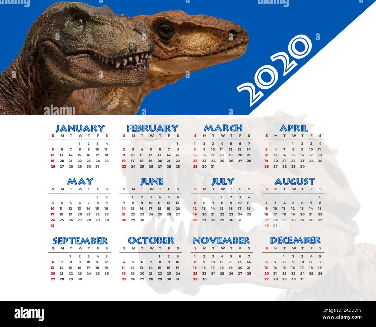 Farbige 2020 Kalender mit fleischfressenden Dinosaurier. Die Wochen startet am Sonntag. Sonntag Feiertage sind Rot markiert Stockfoto