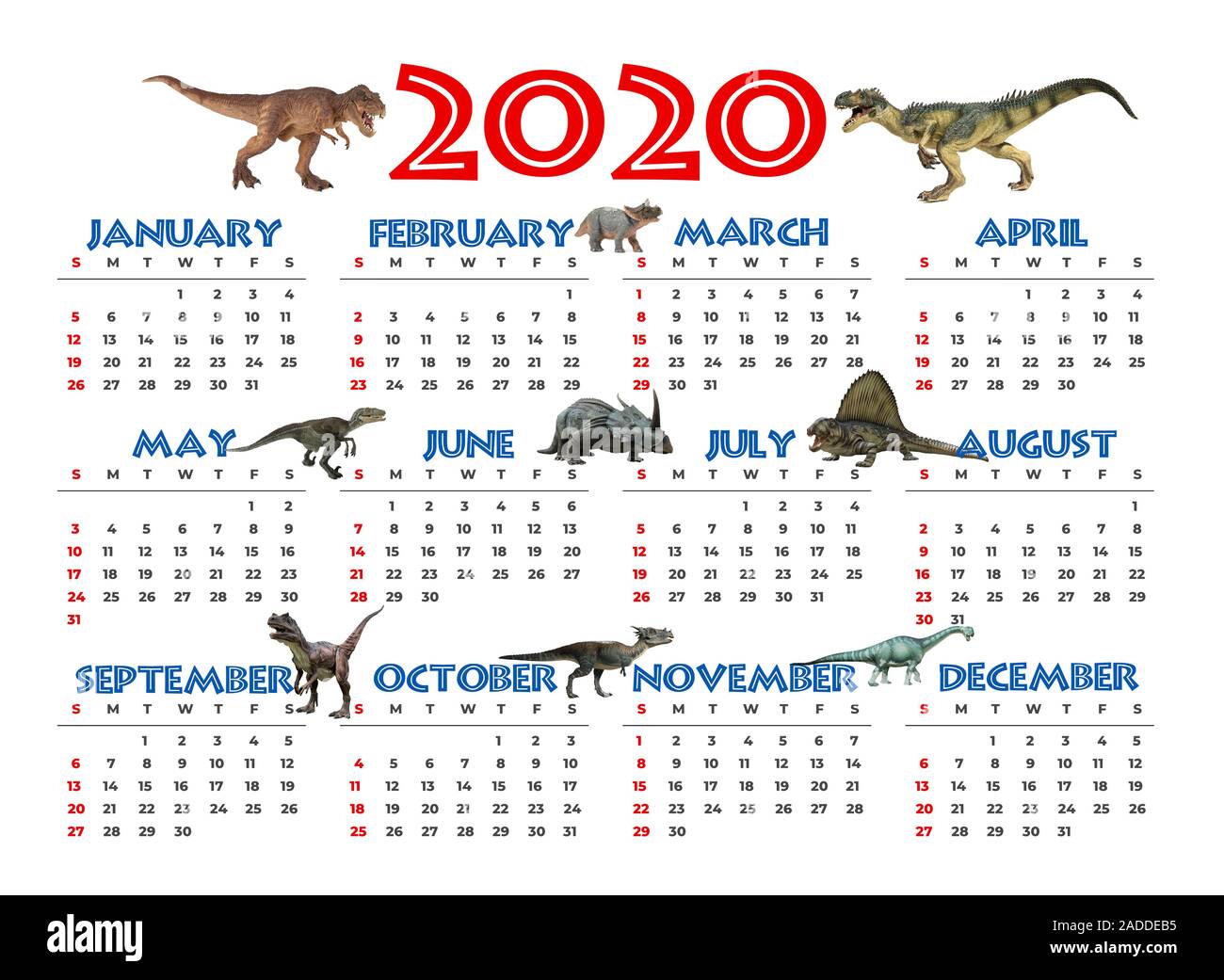 Farbige 2020 Kalender mit verschiedenen Arten von Dinosauriern. Die Wochen startet am Sonntag. Sonntag Feiertage sind Rot markiert Stockfoto