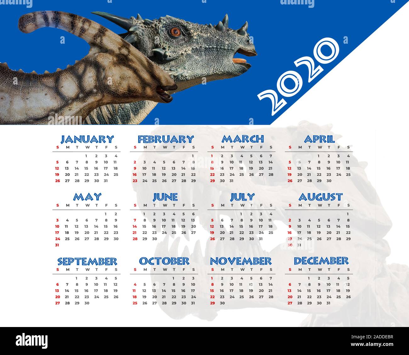 Farbige 2020 Kalender mit Herbivoren Dinosauriern. Die Wochen startet am Sonntag. Sonntag Feiertage sind Rot markiert Stockfoto