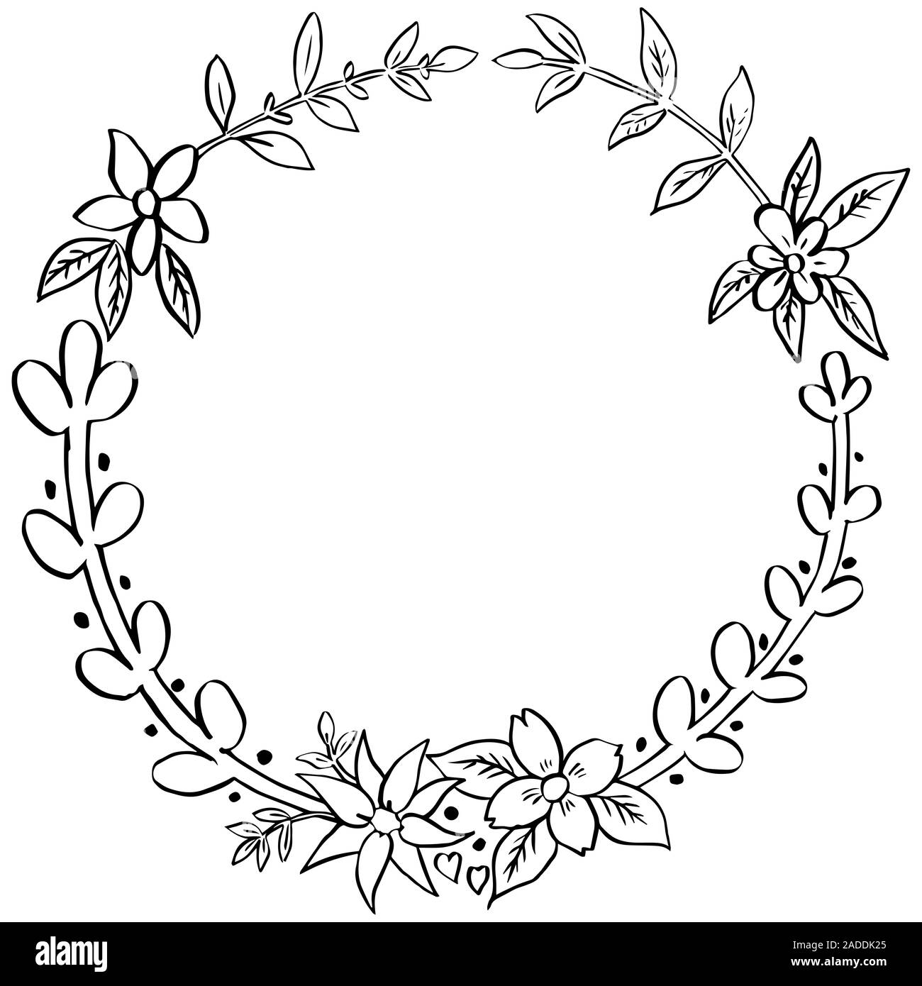 Blumen Kranz mit Blätter, Zweige, isolieren Sie auf weißem Hintergrund, Tuschezeichnung, frame-Element doodle Stil, Hand gezeichnet Vector Illustration. Stockfoto