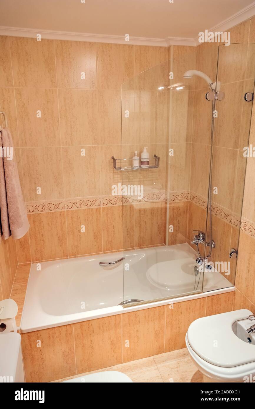 Badezimmer mit Badewanne und Dusche Bildschirm Stockfoto