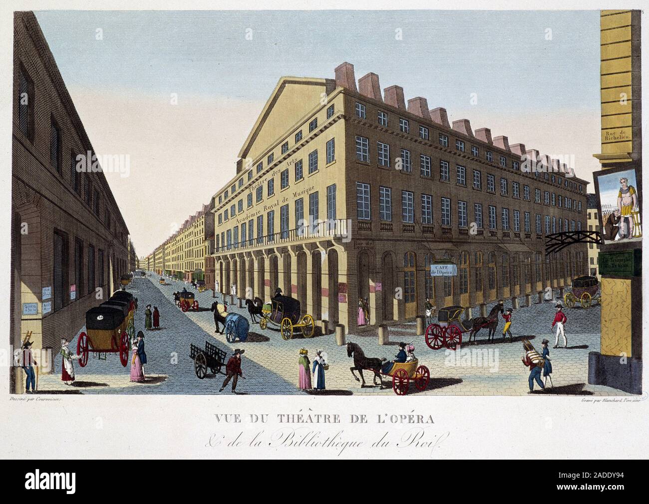 Vue du Theatre de l'Opera (Comedie Francaise) et de la Bibliothèque du roi-in' Vues de Paris par Courvoisier, 1827 Stockfoto
