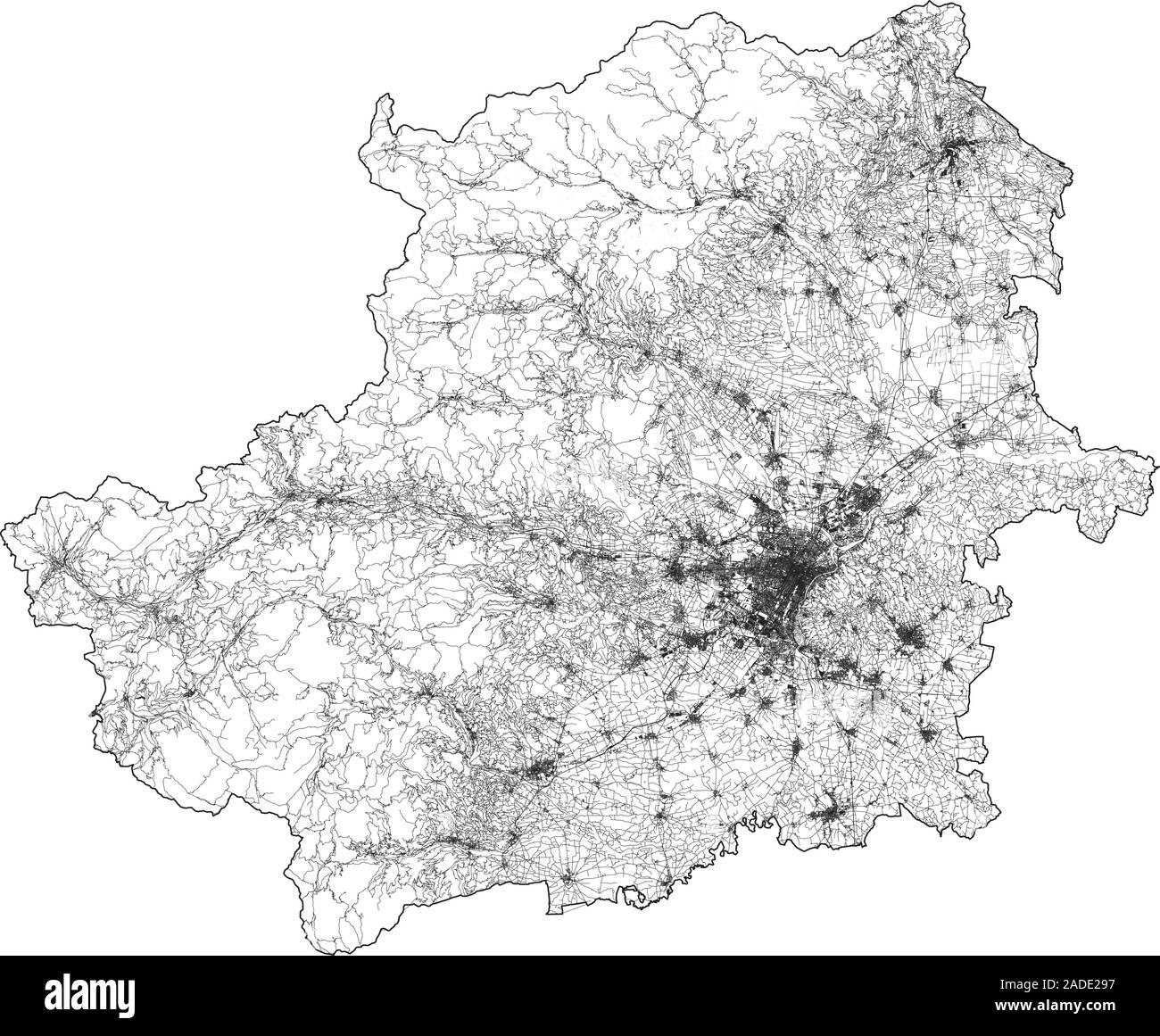 Sat-Karte der Provinz von Turin, Städte und Straßen, Gebäude und Straßen der Umgebung. Piemont, Italien. Karte Straßen, Ringstraßen Stock Vektor