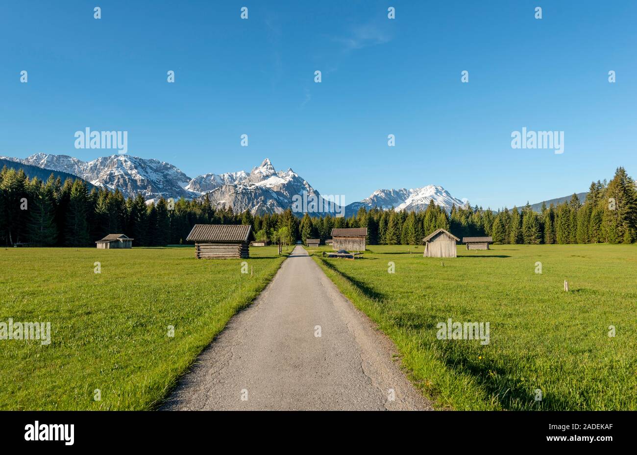 Scheunen in einer Wiese, Ehrwalder Sonnenspitz und Bergen, in der Nähe von Ehrwald, Tirol, Österreich Stockfoto