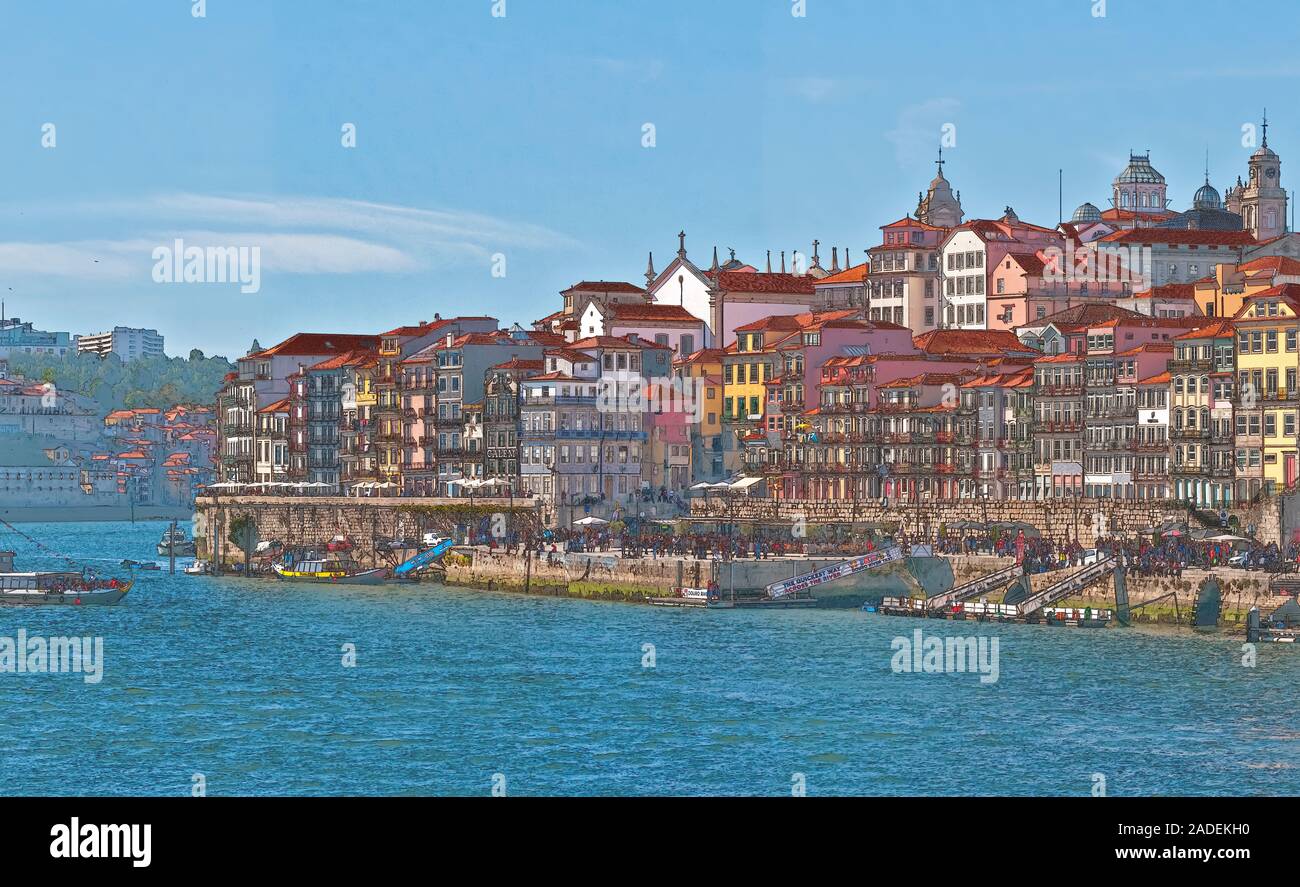 Digital verbesserte Bild von Ribeira Stadtbild, Altstadt, Porto, Portugal von Vila Nova de Gaia auf dem Douro Fluss gesehen Stockfoto