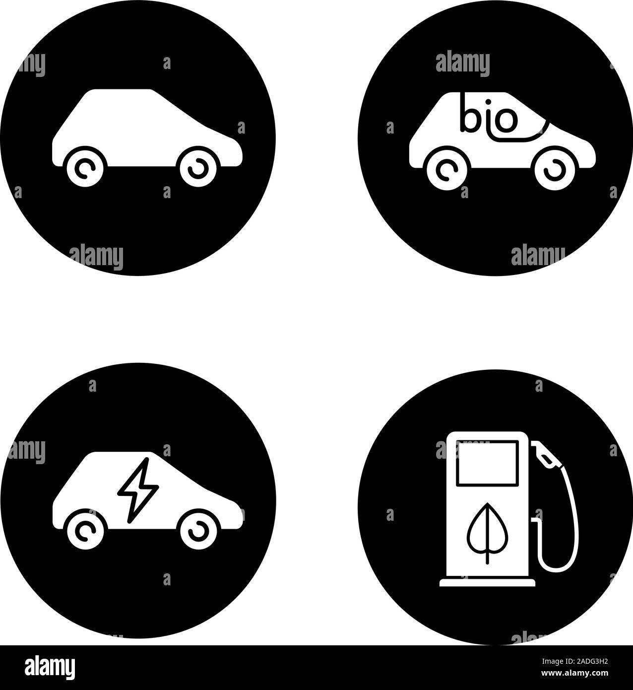 Umweltfreundliche Autos Symbole gesetzt. Bio, Elektrofahrzeuge, eco-Konzept. Vektor weisse Silhouetten Abbildungen in schwarzen Kreisen Stock Vektor