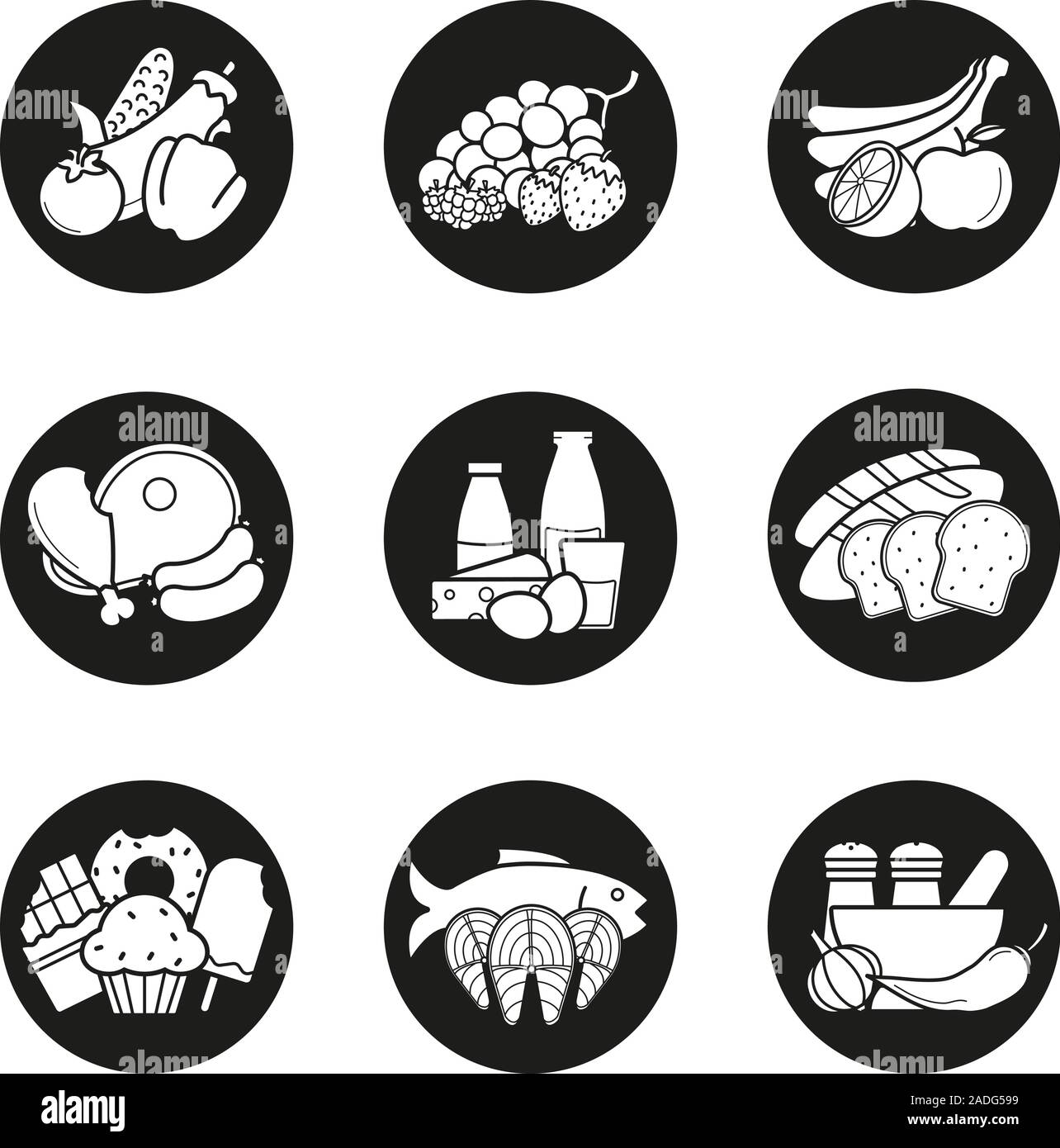 Lebensmittelgeschäft Produktkategorien Symbole gesetzt. Gemüse, Früchte, Beeren, Fleisch-, Milch- und Getreideprodukte, Süßwaren, Fisch und Meeresfrüchte, Gewürze. Vektor weiss s Stock Vektor
