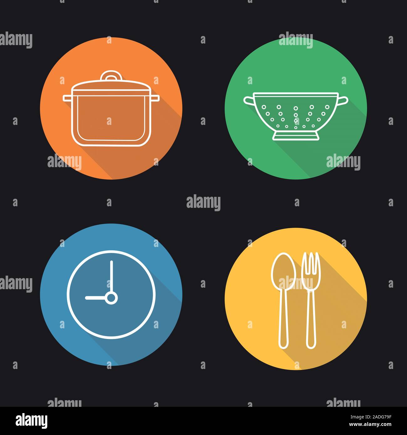 Mealtime Flachbild lineare lange Schatten Symbole gesetzt. Kochvorgang. Eintopf pan, Gabel und Löffel, Uhr, Küche Sieb. Vektor linie Abbildung Stock Vektor