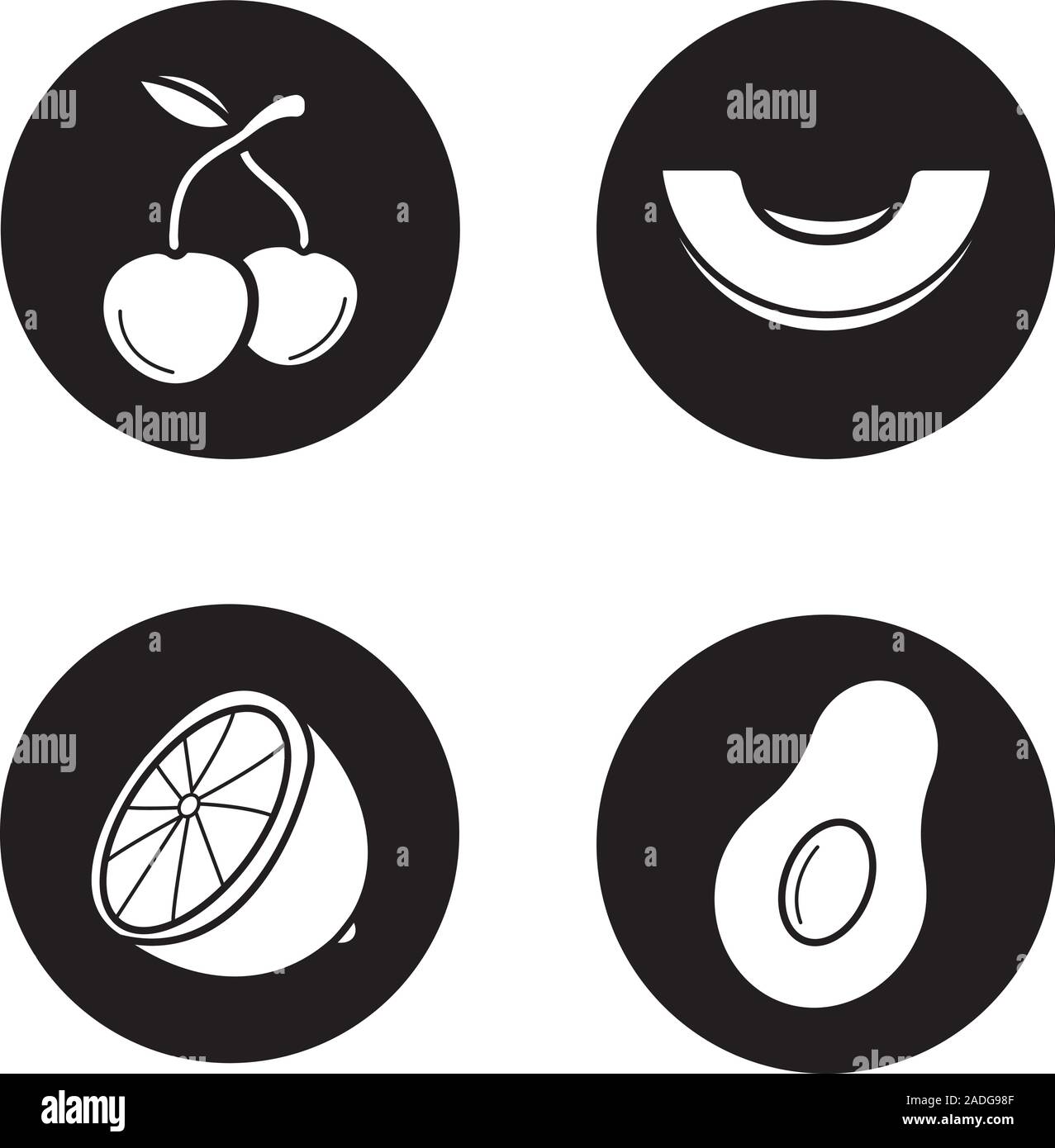 Obst Symbole gesetzt. Kirschen, Melone, Zitrone Hälfte schneiden, Avocado. Vektor weisse Silhouetten Abbildungen in schwarzen Kreisen Stock Vektor