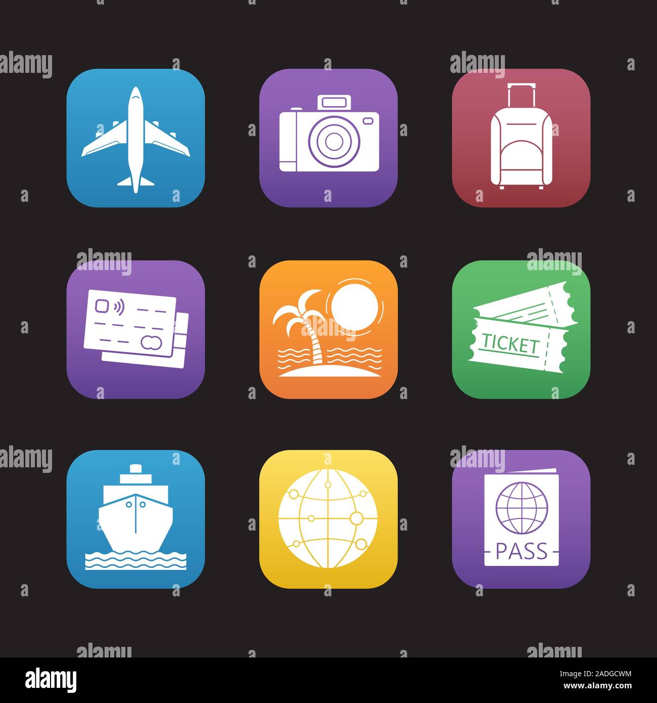 Reise und Tourismus flache Design Icons einstellen. Kreditkarten, Tropical Island, Globus, Kreuzfahrtschiff, Reisepass, Flug, Foto, Kamera, Koffer, ticket Stock Vektor