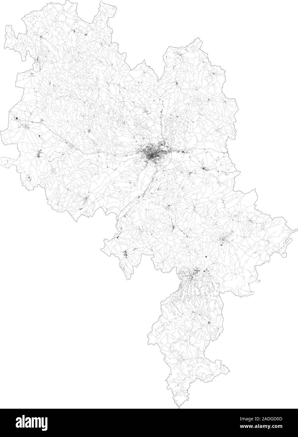 Sat-Karte der Provinz von Asti, Städte und Straßen, Gebäude und Straßen der Umgebung. Piemont, Italien. Karte Straßen, Ringstraßen Stock Vektor
