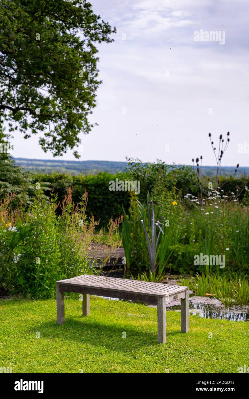 Holzbank Sitzbereich neben einen eingebürgerten Teich Stockfoto