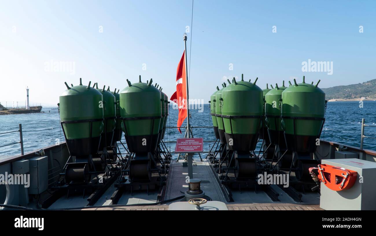Nusrat oder Nusret mine dropper Kriegsschiff in der Canakkale Naval Sea Museum in Trabzon, Türkei Stockfoto