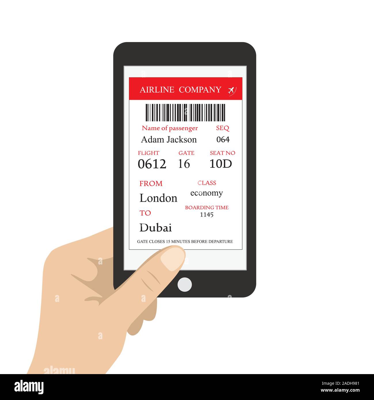 Bordkarte auf den Bildschirm des Smartphones, Hand, Mobiltelefon, Cartoon Illustration auf weißem Hintergrund, Vektor Stock Vektor