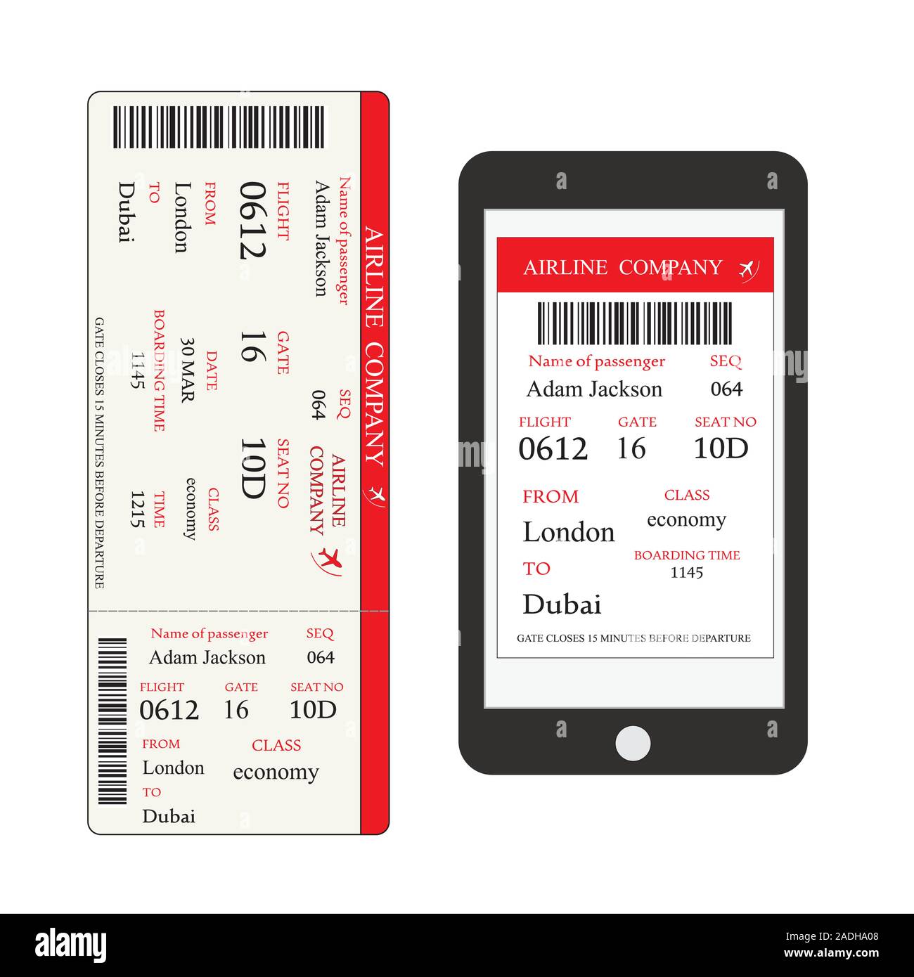 Bordkarte auf den Bildschirm des Smartphones und Papier Bordkarte, Cartoon Illustration auf weißem Hintergrund, Vektor Stock Vektor