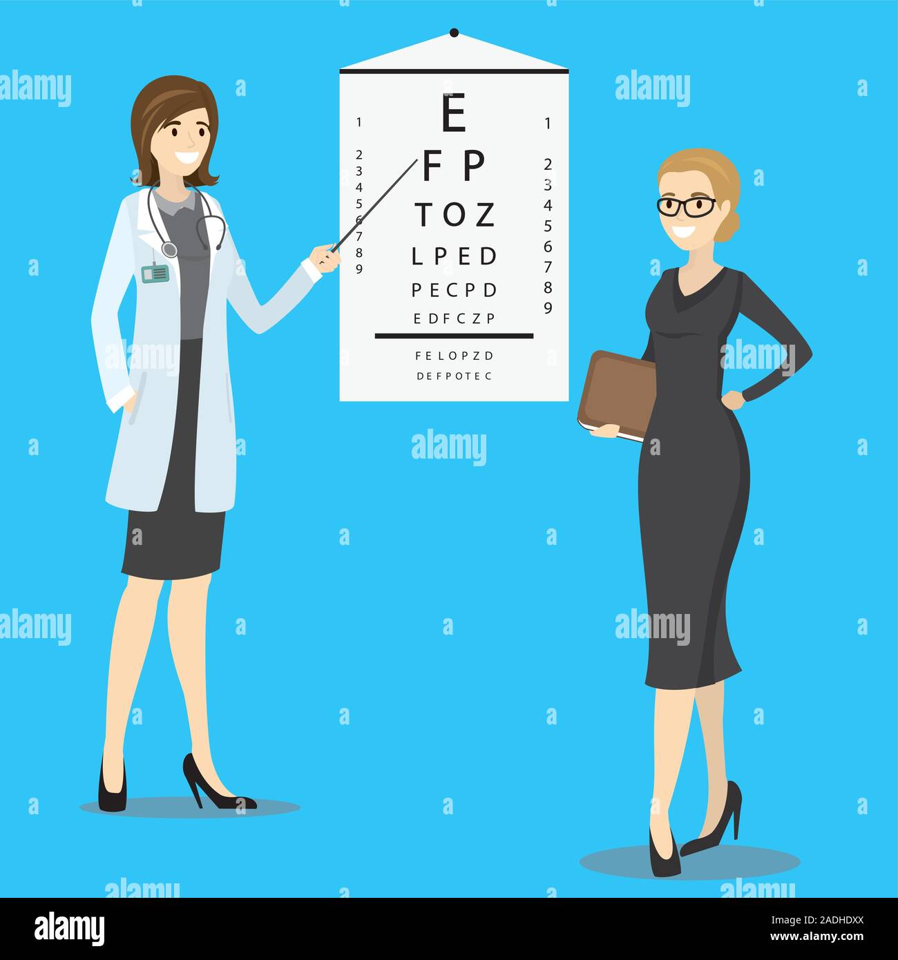 Der Augenarzt untersucht die Vision einer Frau mit Brille, cartoon Vector Illustration Stock Vektor