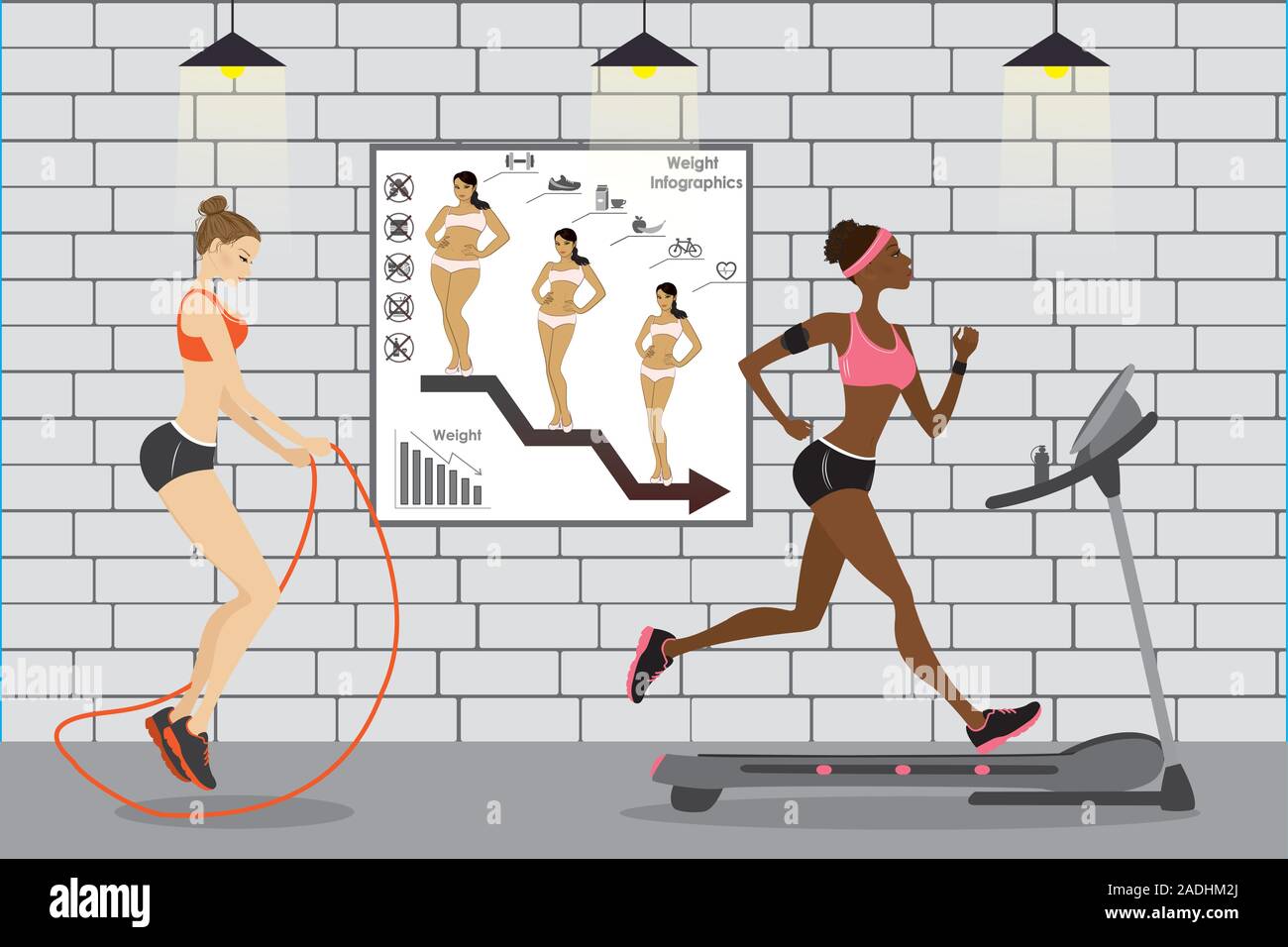 Fitness Club, zwei Frauen werden im Sport engagiert. Brick Wall auf Hintergrund, Flacher Stil Vector Illustration Stock Vektor