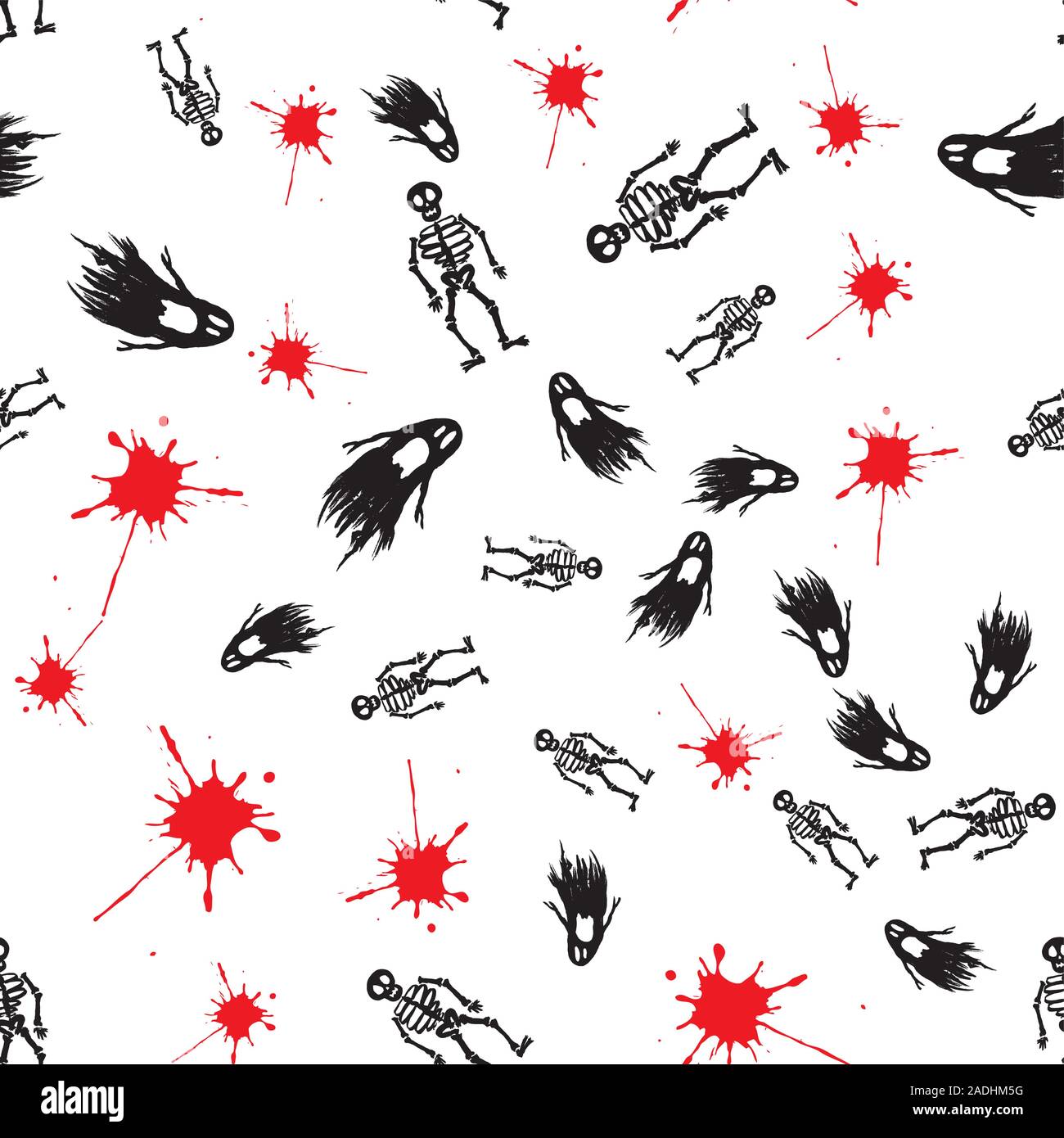 Blut Flecken, Skelette und Geister - nahtlose Muster, Hand gezeichnet Vector Illustration Stock Vektor