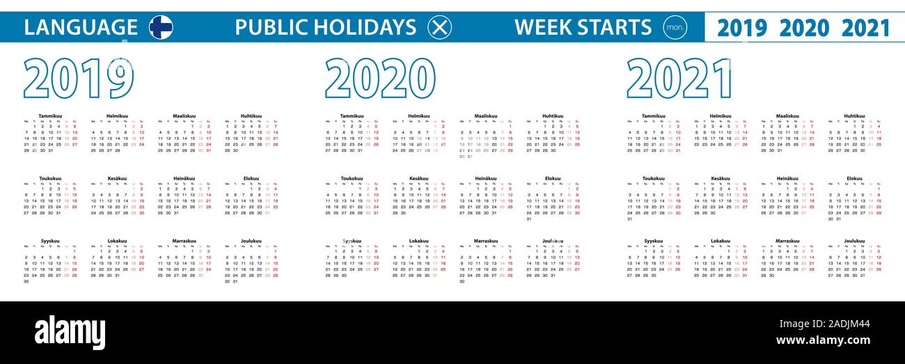 Einfache Vorlage Kalender im Finnischen für 2019, 2020, 2021 Jahren. Woche beginnt ab Montag. Vector Illustration. Stock Vektor