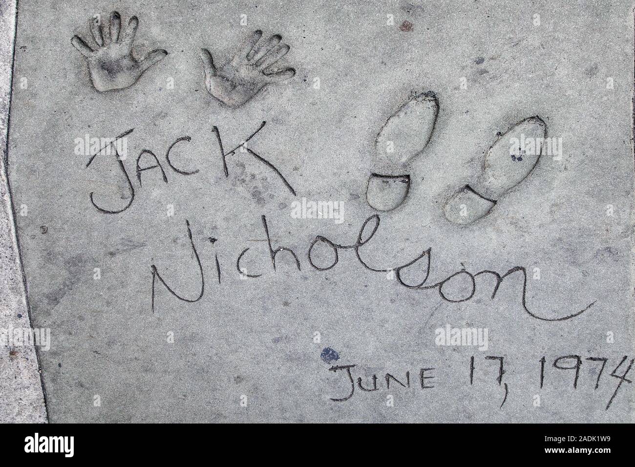 Los Angeles, Kalifornien - September 06, 2019: Hand- und Fußabdrücke von Schauspieler Jack Nicholson in der Grauman Chinese Theater Vorplatz, Hollywood. Stockfoto