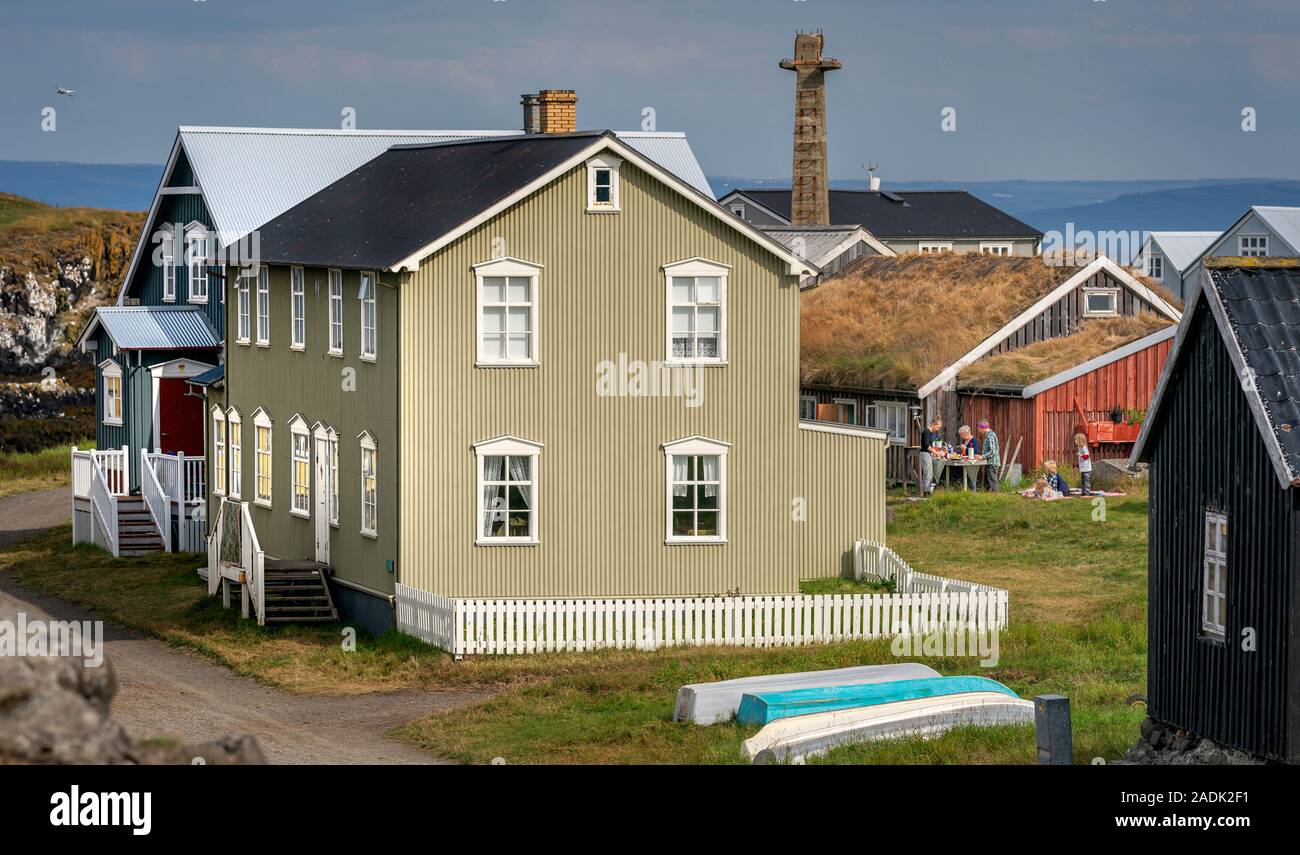 Auf dem Land, Insel Flatey in Breidafjördur, Westfjorde, Island Stockfoto