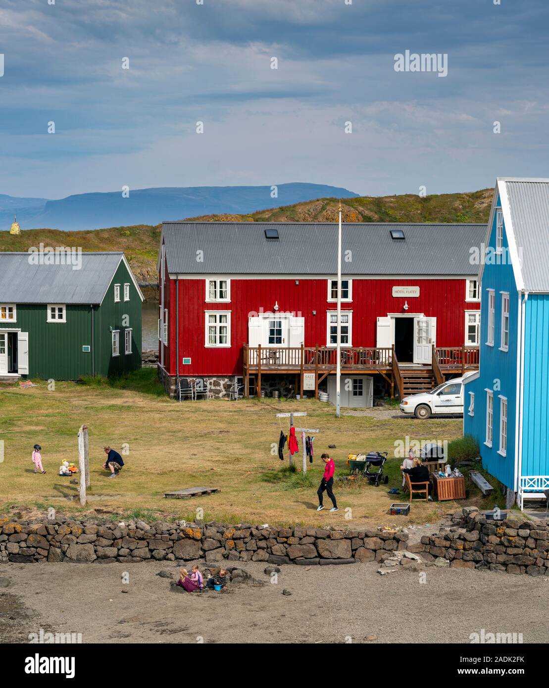 Auf dem Land, Insel Flatey in Breidafjördur, Westfjorde, Island Stockfoto