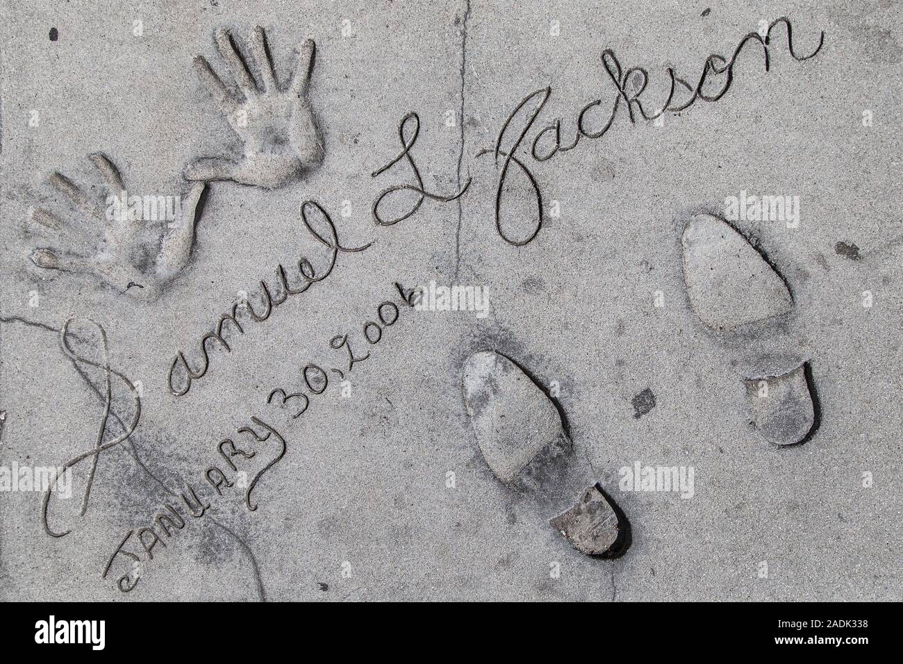 Los Angeles, Kalifornien - September 07, 2019: Hand- und Fußabdrücke von Schauspieler Samuel L Jackson in der Grauman Chinese Theater Vorplatz, Hollywood. Stockfoto