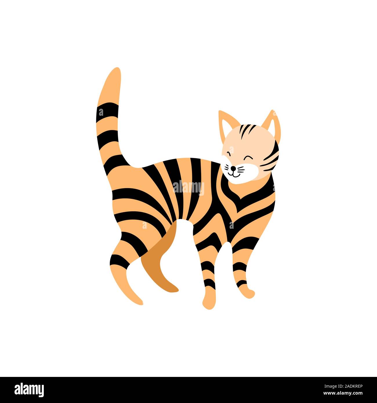 Süße gestreifte Katze auf weißem Hintergrund. Ständigen cartoon pet mit geschlossenen Augen. Flache Vektor illustartion. Stock Vektor