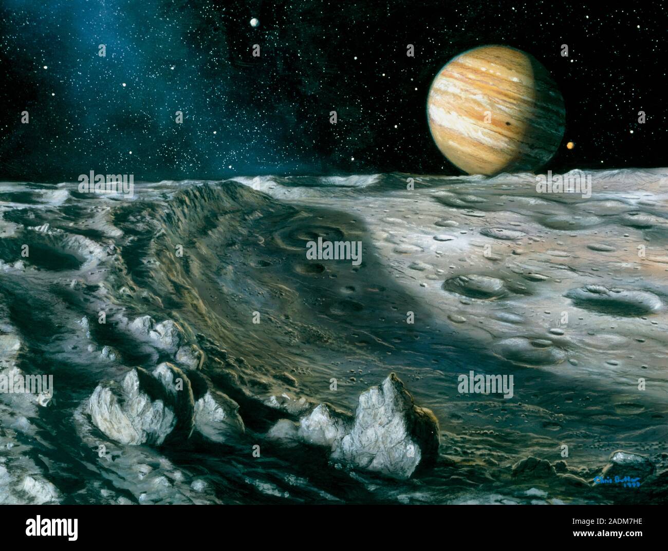 Ganymed. Artwork der Oberfläche von Ganymed, einer der Monde des Jupiter. Jupiter ist am Himmel in der oberen rechten gesehen. Ganymed ist der größte Jupit Stockfoto