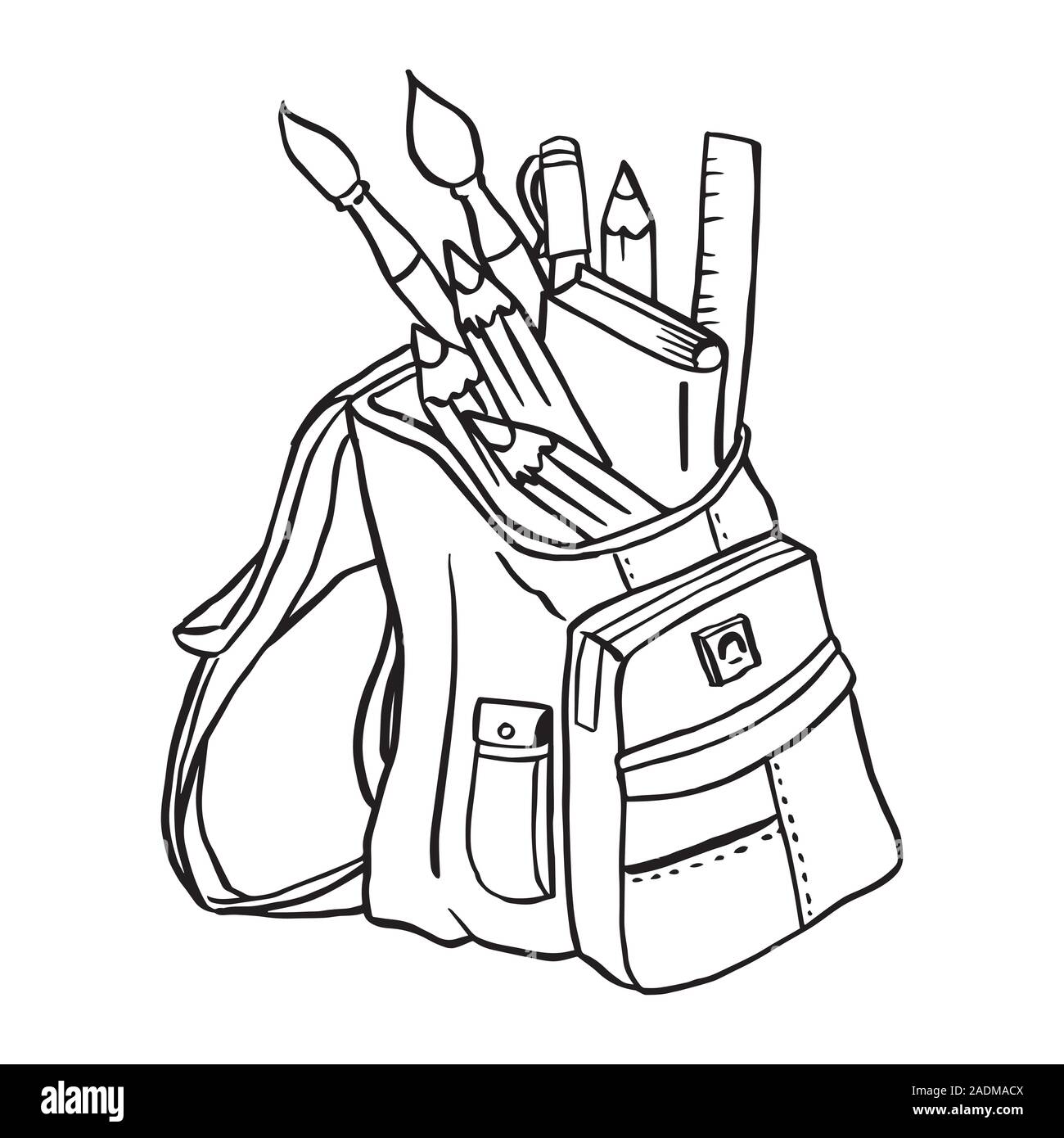 Rucksack voll gepackt mit Schule Punkte auf weißem Hintergrund, Schultasche, Student, Verbrauchsmaterial, Skizze doodle Stil, zurück in die Schule - Hand Vec gezogen Stock Vektor