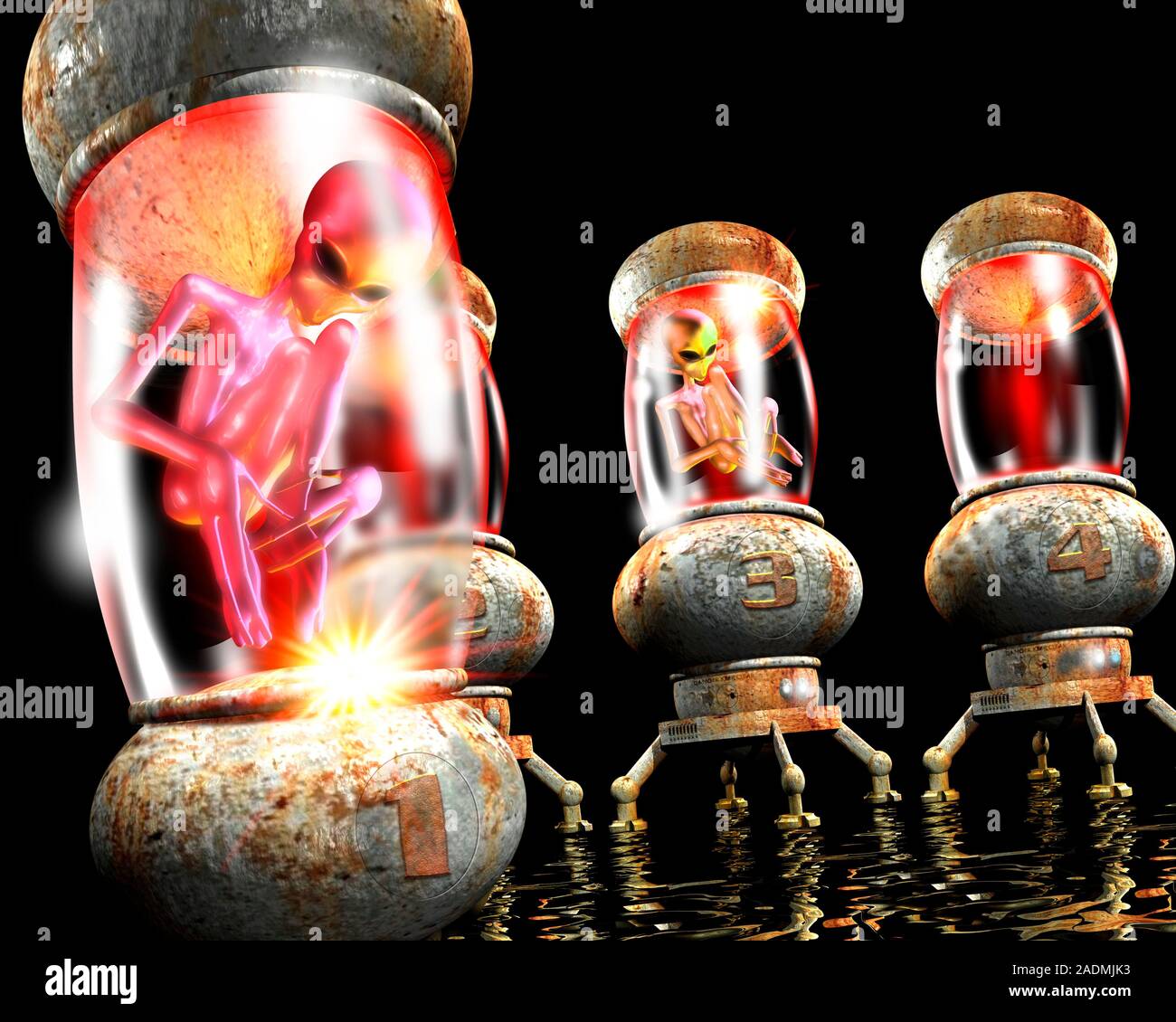 Erfasst aliens, computer Artwork. Aliens, die erfasst wurden und in Einheiten anzeigen montiert. Stockfoto