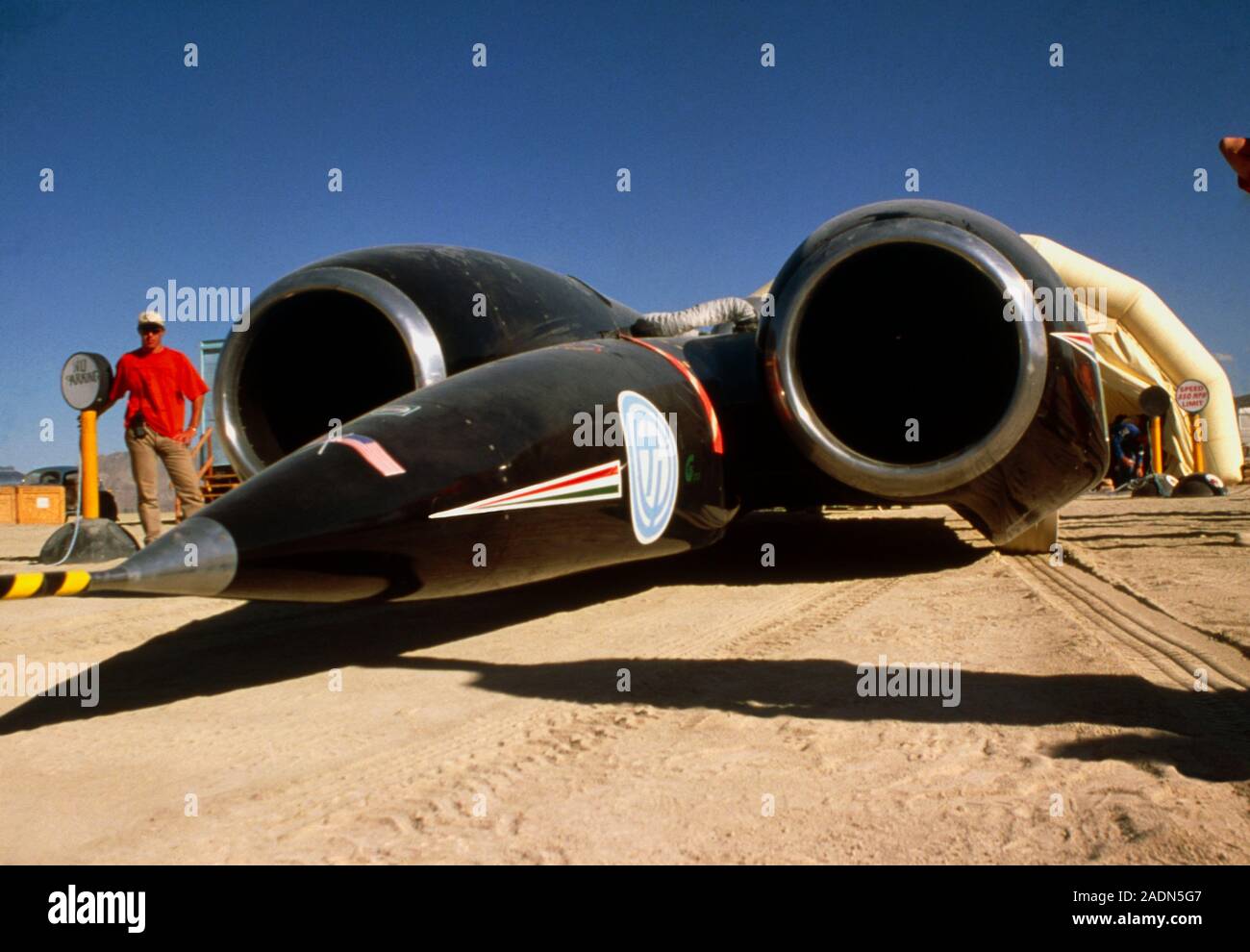 Thrust SuperSonic Car (SSC), das erste Land Fahrzeug schneller als der Schall zu reisen, führt eine Geschwindigkeit testen. Die Auto brach das Land Speed Record am 15. Okt Stockfoto
