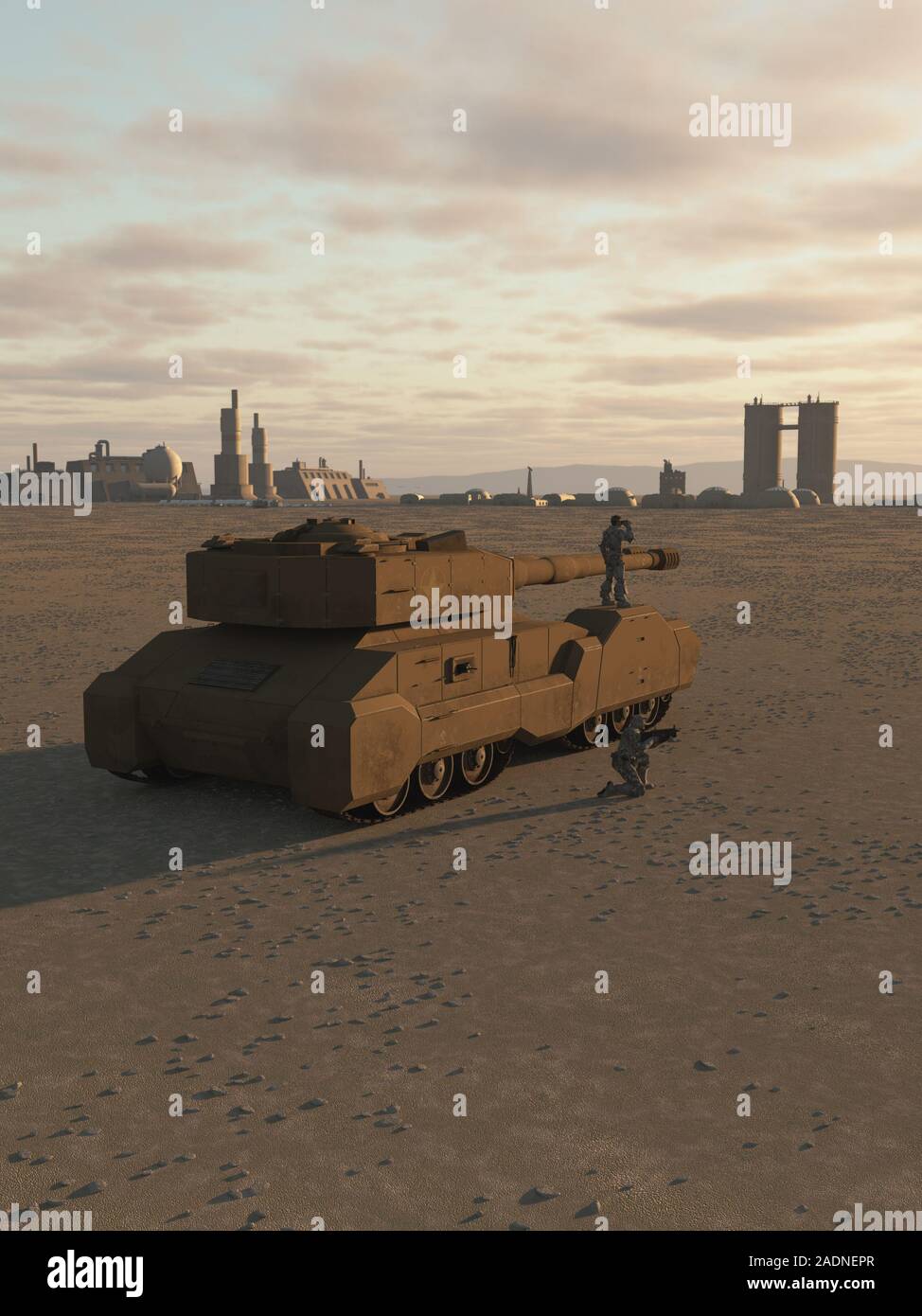Zukunft Super-Heavy Tank bewacht eine Wüste Stadt Stockfoto