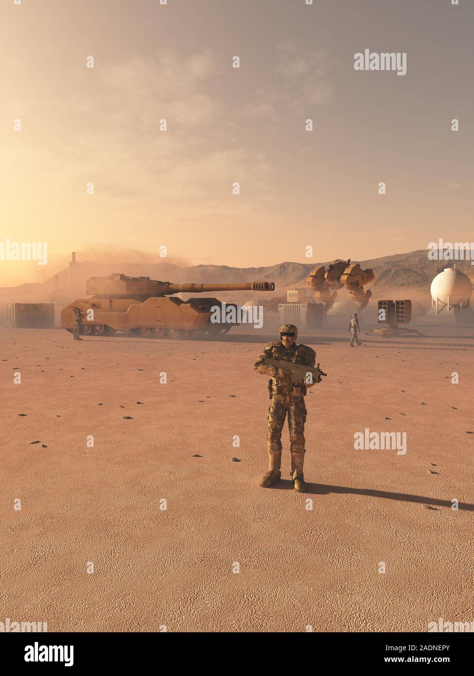Zukunft Space Marines bewacht eine Wüste Vorposten Stockfoto