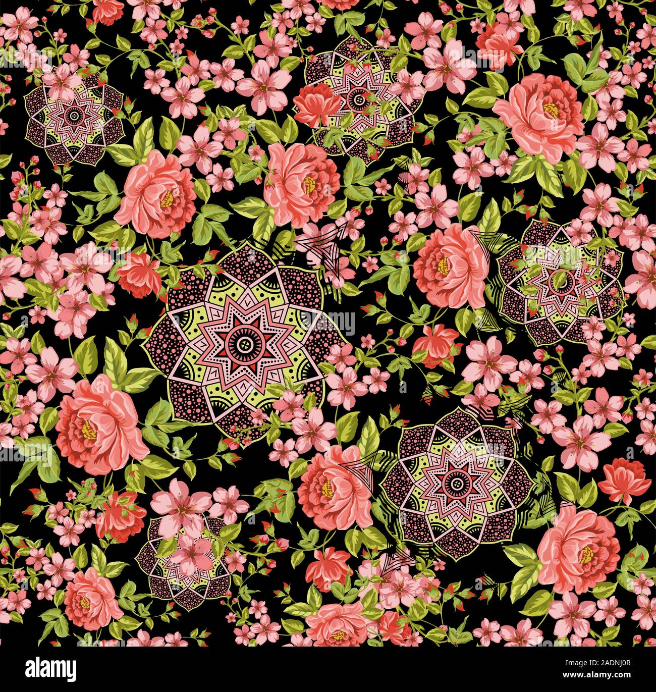 Bunte geometrische Hintergrund mit Rosen. Der traditionellen, ethnischen digital drucken. - Vektor Stock Vektor