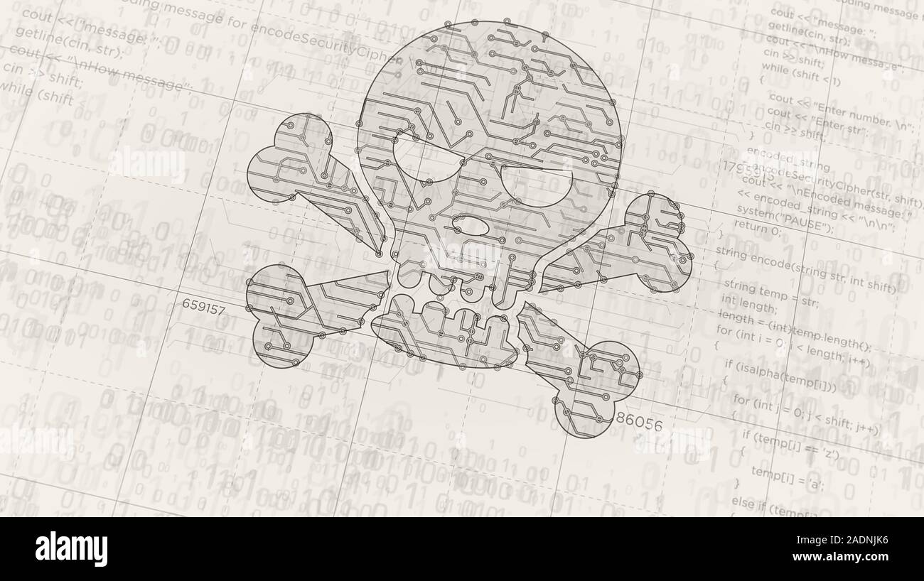 Cyberkriminalität mit Totenkopf symbol Projekt erstellen. Abstrakte Konzept der Darknet, Internetsicherheit, Cyber Attack, Diebstahl, Viren und Produkt- und Dienstleistungspiraterie 3 Abbildung d. D Stockfoto