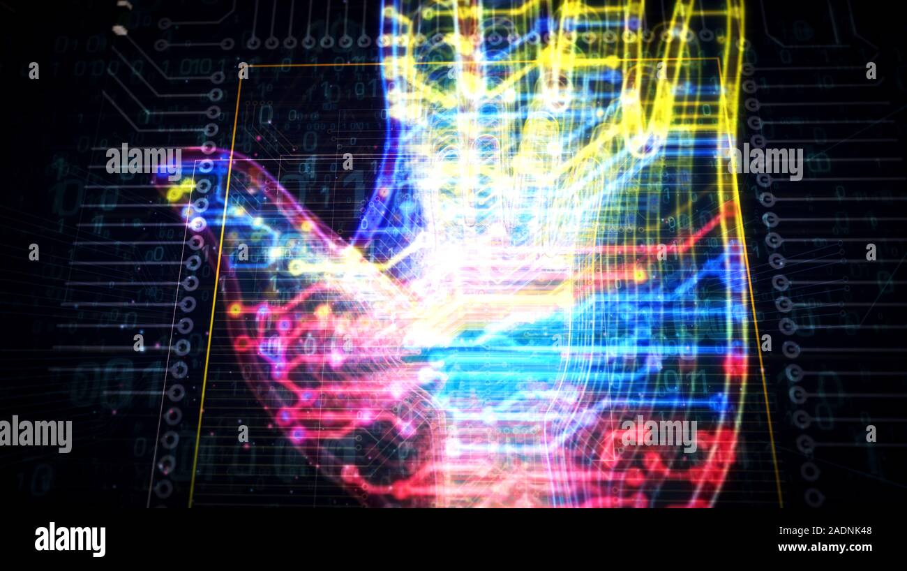 Cyber hand futuristische 3D Rendering Illustration. Konzept der Erweiterten kybernetische Technik, Robotik, biometrische und Automatisierung. Abstrakte Digitale Zeichen Stockfoto