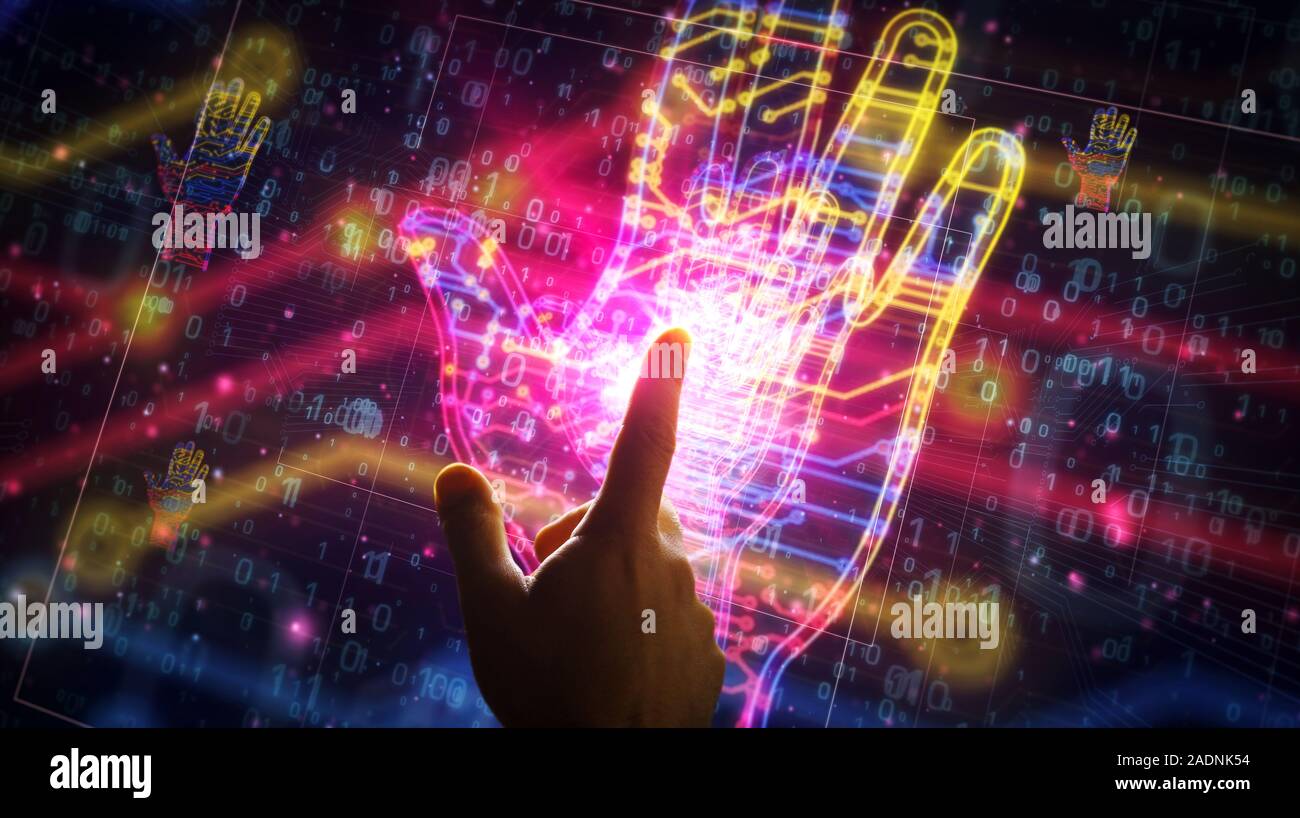 Cyber hand futuristische 3D Rendering Illustration. Abstrakte Digitale Konzept der Erweiterten kybernetische Technik, Robotik, biometrische und Automatisierung. Hand Stockfoto