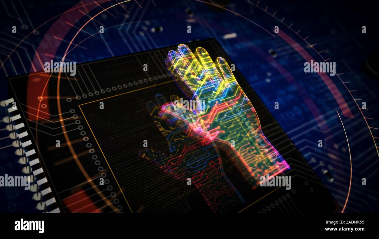 Cyber hand futuristische 3D Rendering Illustration. Konzept der Erweiterten kybernetische Technik, Robotik, biometrische und Automatisierung. Abstrakte Digitale Zeichen Stockfoto