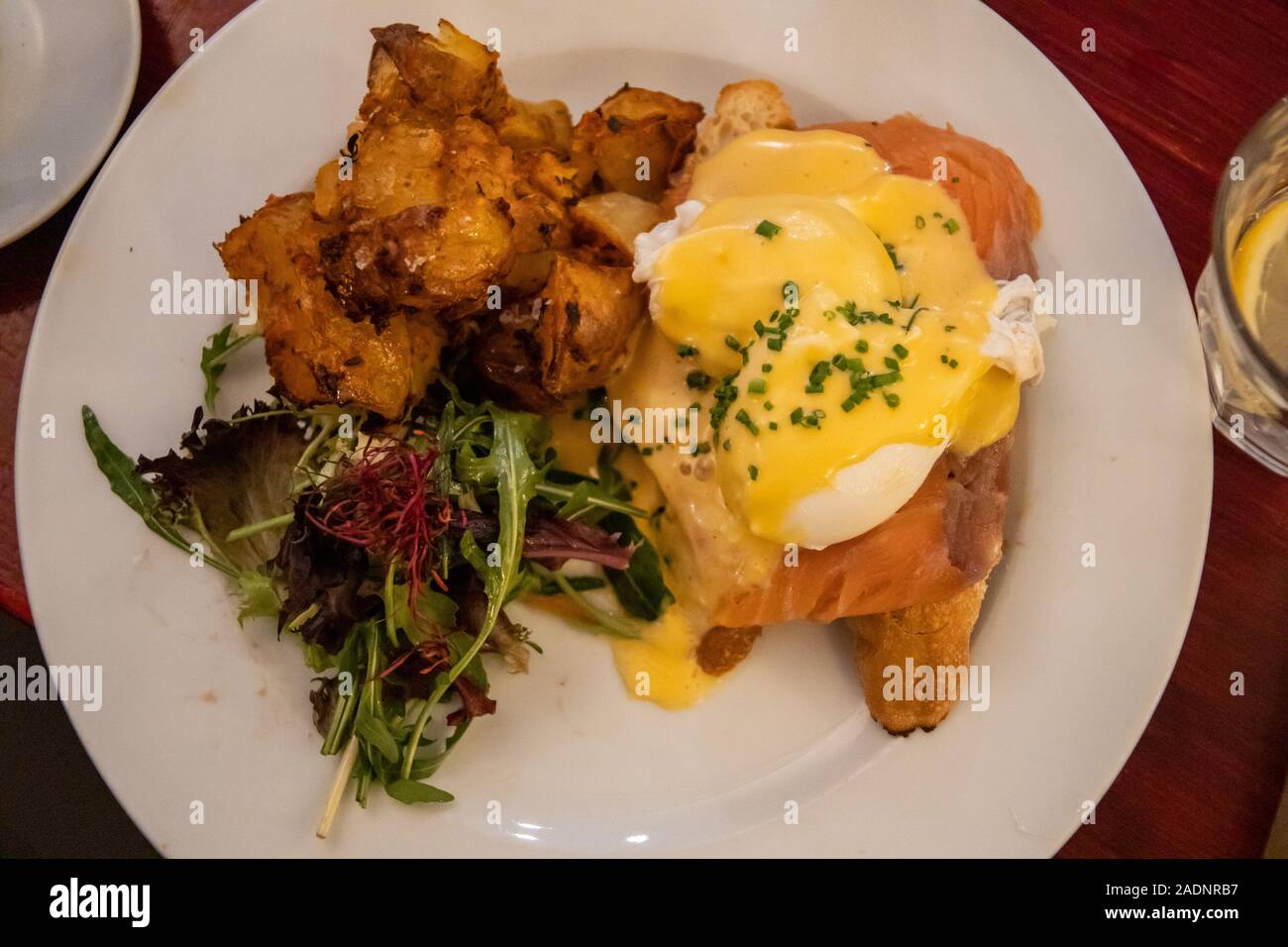 Lachs Benedikt Frühstück in der Milch Bar und Bistro, Barcelona, Spanien Stockfoto