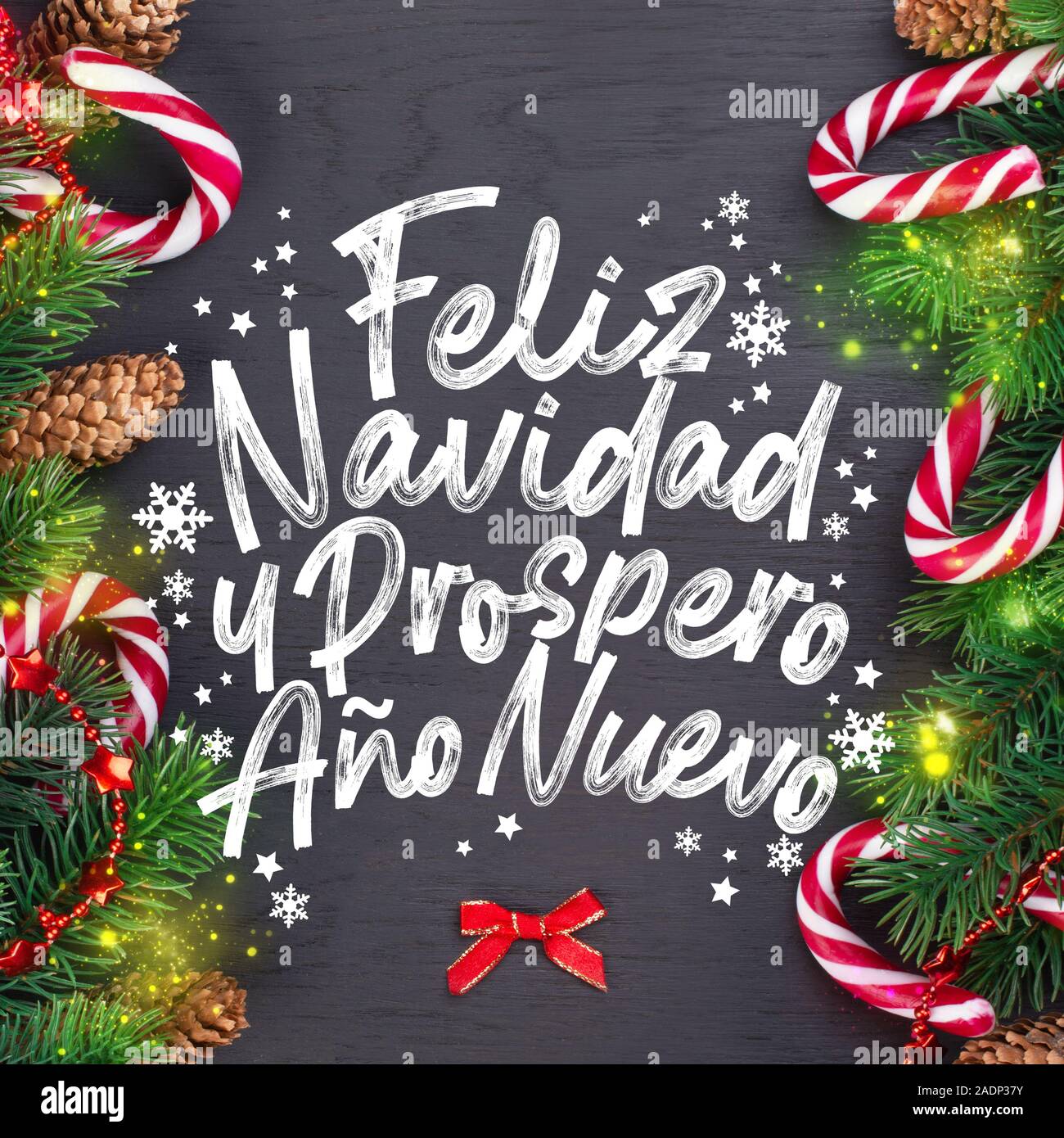 Weihnachtskarte mit wünschen Worte auf Spanisch "frohe Weihnachten und ein glückliches neues Jahr!" (Feliz Navidad y Prospero año Nuevo). Christmas tree branch Dekor Stockfoto