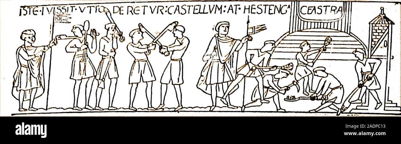 Ein 1933 Darstellung des Aufbaus der ersten hölzernen (vorgefertigt) Schloss und Motte/Bailey in Hasting, England auf eine künstliche Motte oder Damm (vom Teppich von Bayeux). Folgende Williams Krönung am Weihnachtstag 1066, er das Schloss in Stein wieder aufgebaut werden. Auf dem Bild sind Arbeitnehmer und zwei Inspektoren (mit Flags) Stockfoto