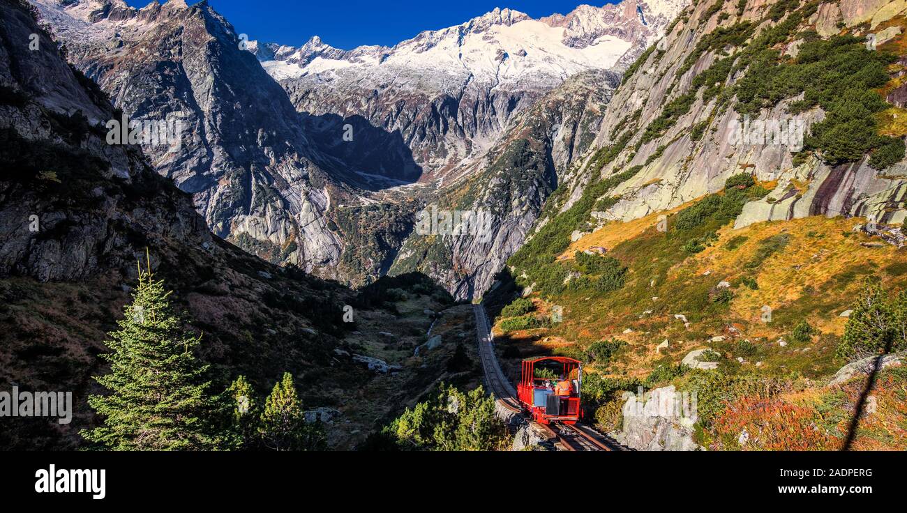 Gelmer funiculaa in der Nähe der Grimselpass in den Schweizer Alpen, Gelmersee, Schweiz, Schweiz. Stockfoto