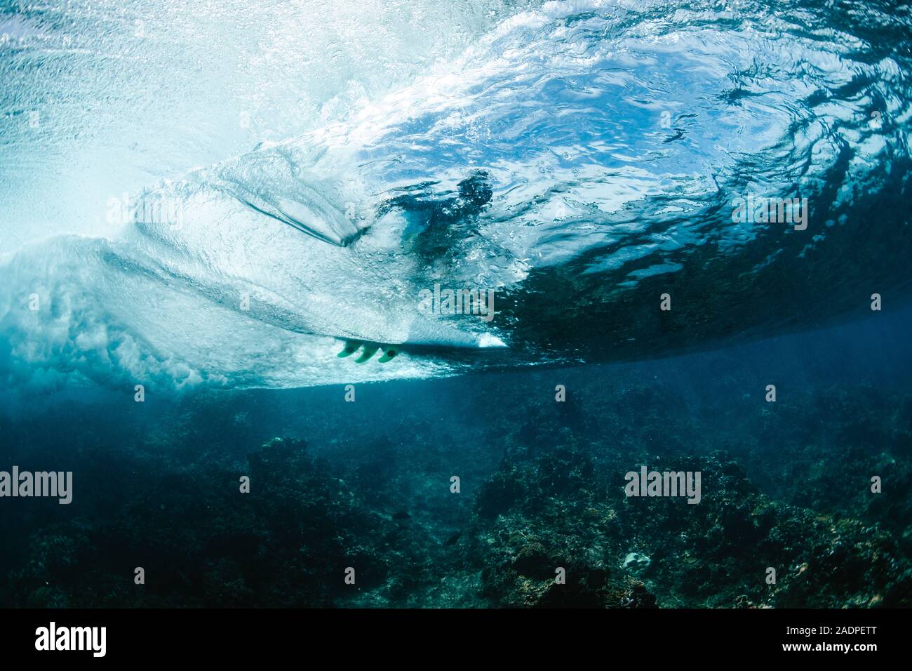 Unterwasser Blick auf ein Surfer auf der Welle Stockfoto