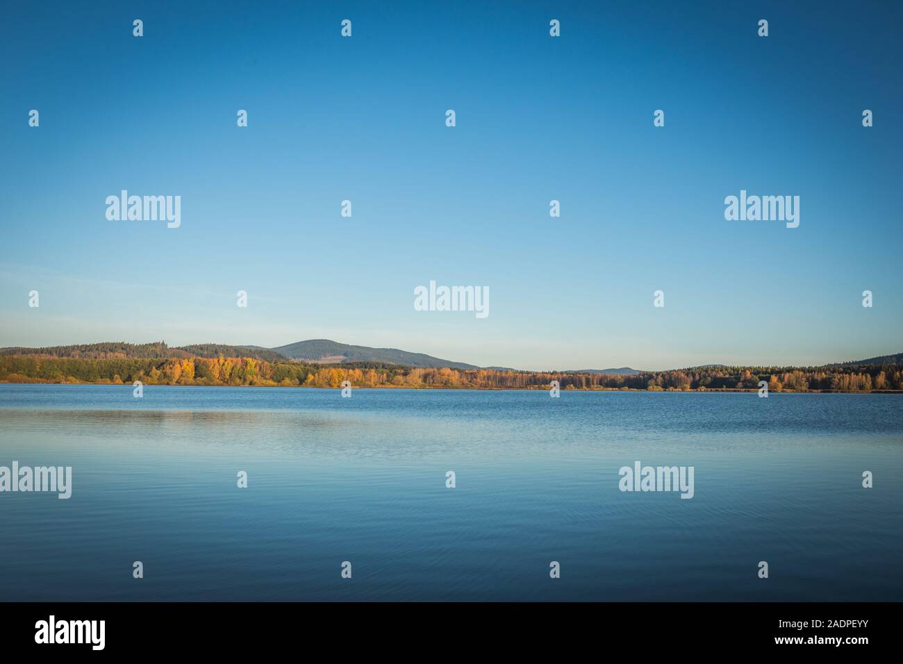 Die Verdammung Lipno - Cerna v Posumavi, Tschechische Republik in einem hellen Sommertag. Die See ist ruhig, hat sauberen blauen Wasser. Es gibt keine Wolken am Himmel. Stockfoto