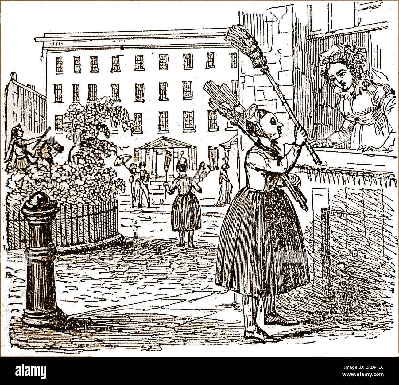 Ein 1828 Abbildung: Flämische Bauern Besen Verkäufer in London und der standardisierte Art und Weise sich zu kleiden, die bestand aus einem Rockteil und eine Kappe mit einem tricolor Kokarde und angeschnallt Schuhe Stockfoto