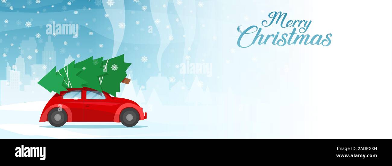 Frohe Weihnachten Postkarte oder Poster Vorlage mit Retro rotes Auto mit Weihnachtsbaum. Stock Vektor